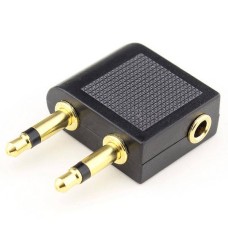 Angled Airplane Headphone Adapter (Twin 3.5mm Mono Plug) to 3.5mm Stereo Jack for Headphones